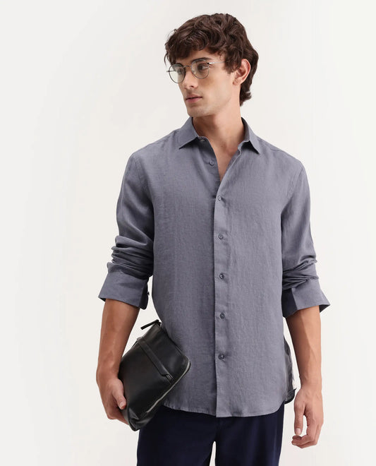 Rare Rabbit Men's Mavi-Aw26 Dusky Grey 100% Linen Spread Collar Regular Plain Shirt
