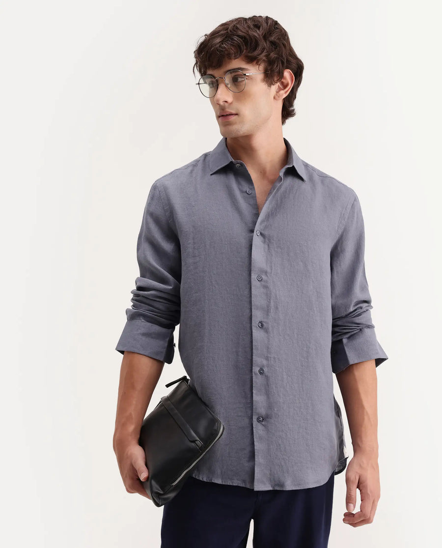 Rare Rabbit Men's Mavi-Aw26 Dusky Grey 100% Linen Spread Collar Regular Plain Shirt