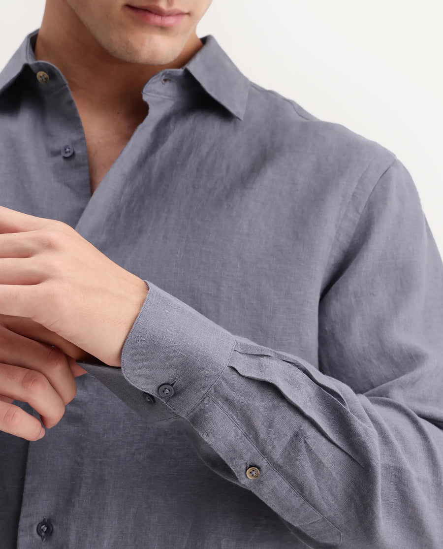 Rare Rabbit Men's Mavi-Aw26 Dusky Grey 100% Linen Spread Collar Regular Plain Shirt