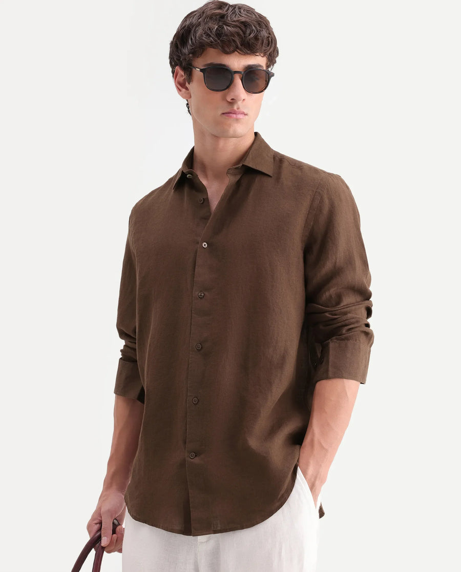 Rare Rabbit Men's Mavi-Aw26 Brown 100% Linen Spread Collar Regular Fit Plain Shirt