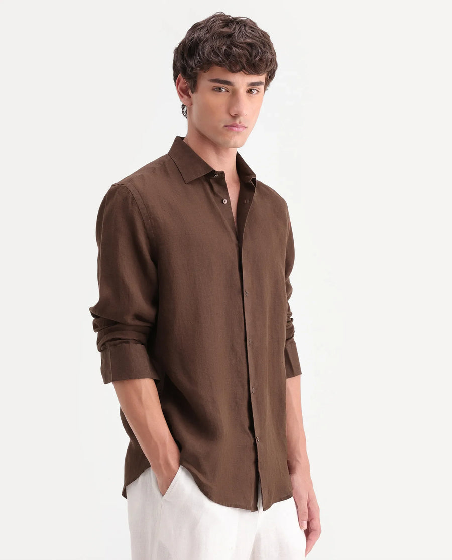 Rare Rabbit Men's Mavi-Aw26 Brown 100% Linen Spread Collar Regular Fit Plain Shirt