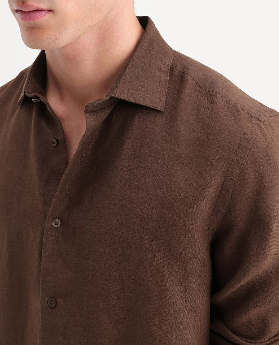 Rare Rabbit Men's Mavi-Aw26 Brown 100% Linen Spread Collar Regular Fit Plain Shirt