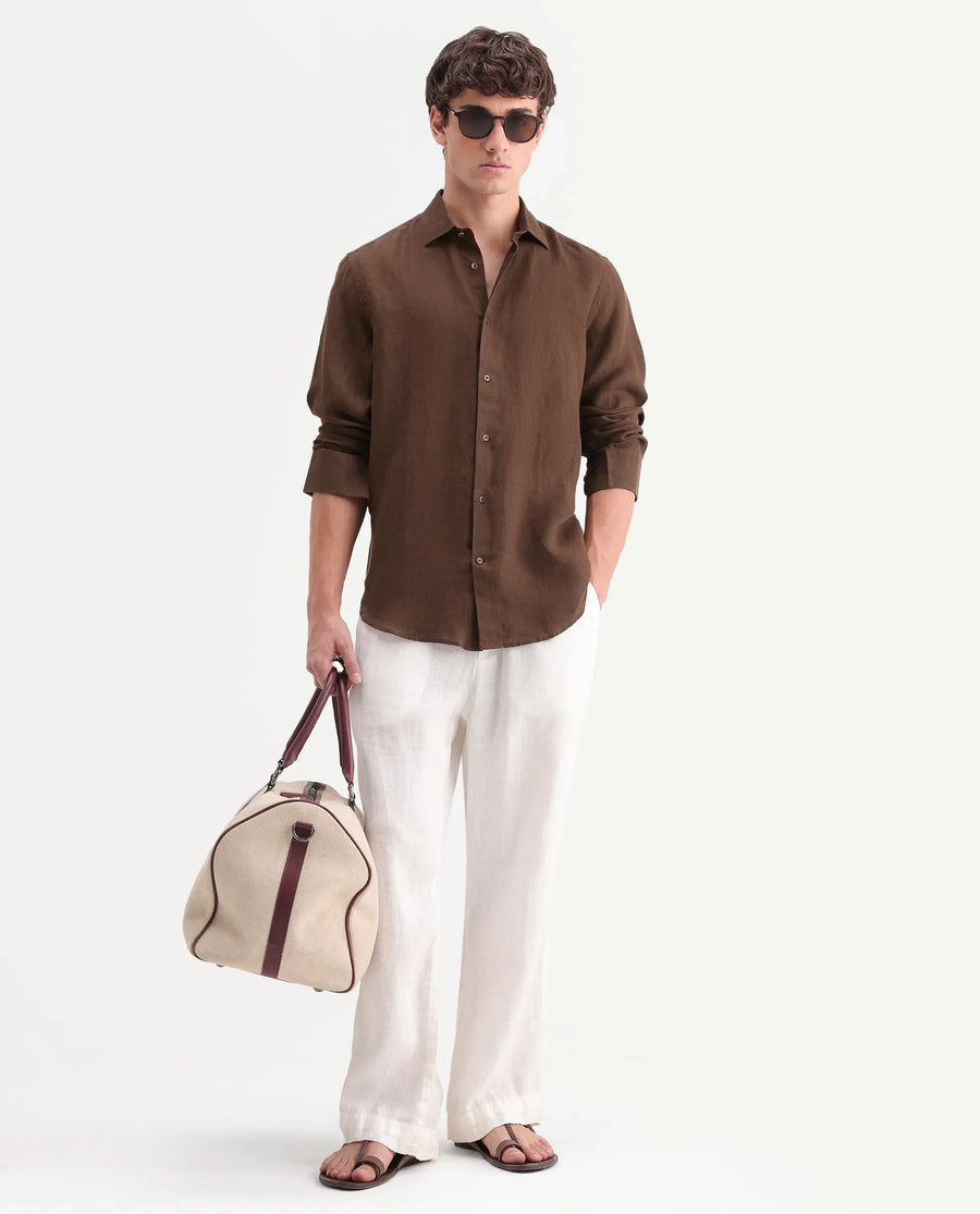Rare Rabbit Men's Mavi-Aw26 Brown 100% Linen Spread Collar Regular Fit Plain Shirt
