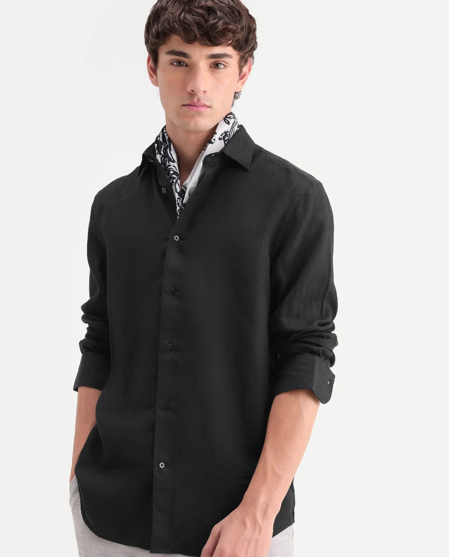 Rare Rabbit Men's Mavi-Aw26 Black 100% Linen Spread Collar Regular Plain Shirt
