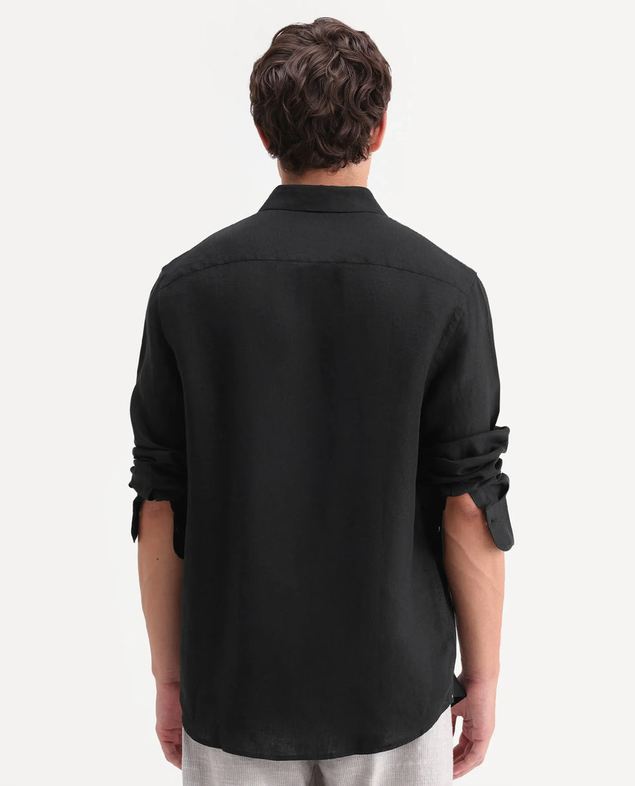 Rare Rabbit Men's Mavi-Aw26 Black 100% Linen Spread Collar Regular Plain Shirt