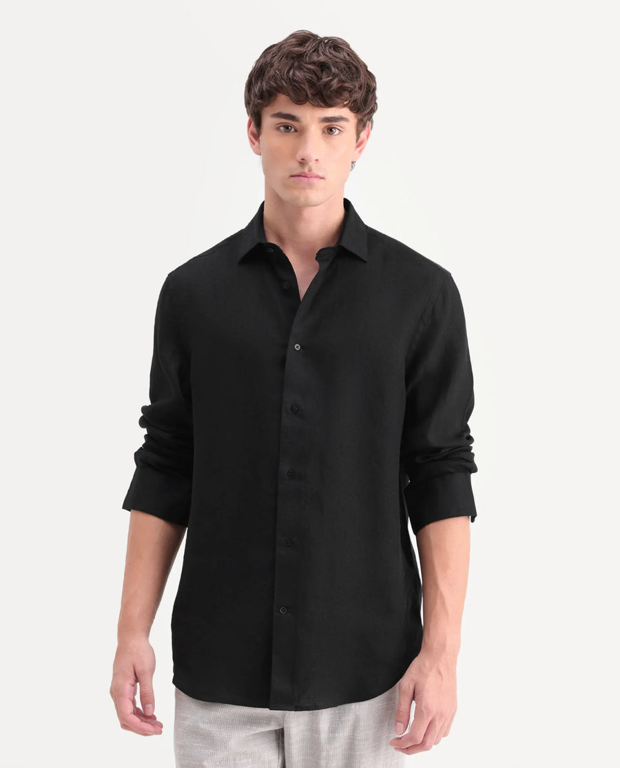 Rare Rabbit Men's Mavi-Aw26 Black 100% Linen Spread Collar Regular Plain Shirt