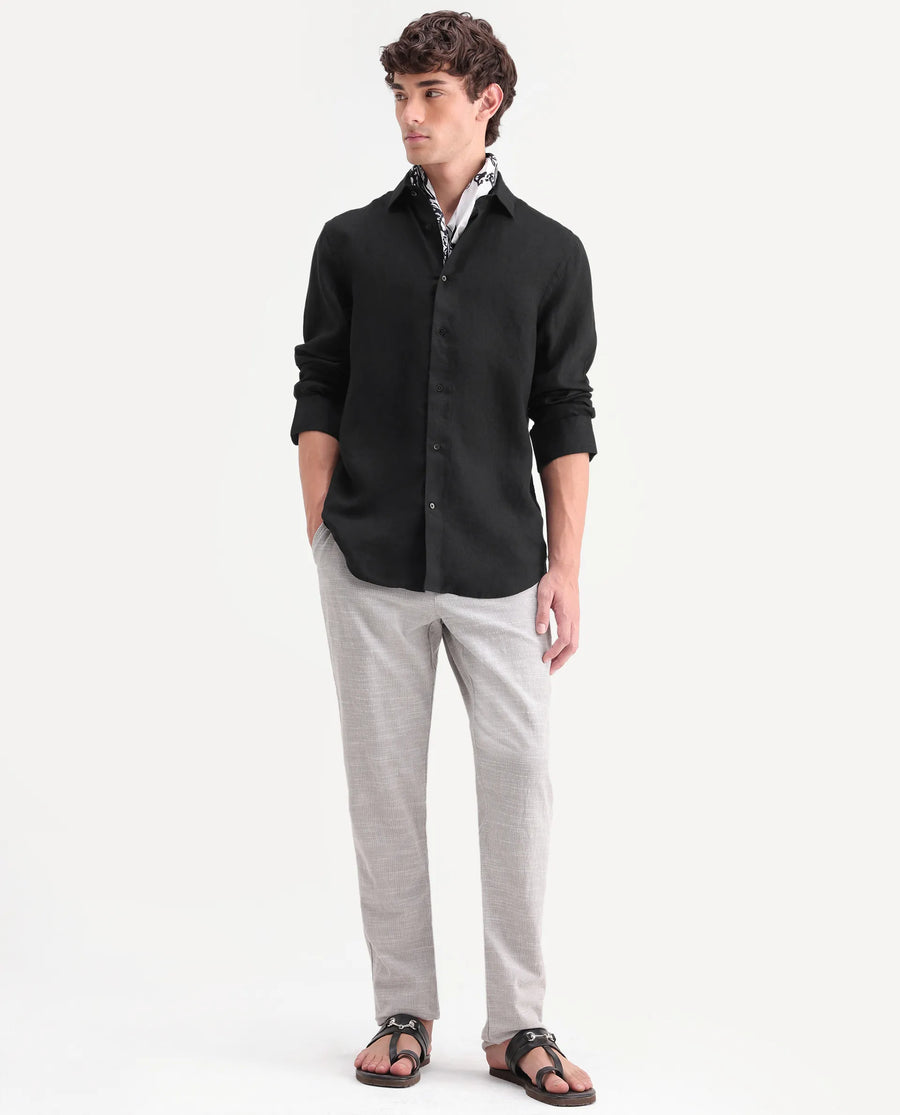 Rare Rabbit Men's Mavi-Aw26 Black 100% Linen Spread Collar Regular Plain Shirt