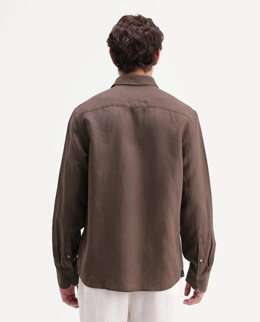 Rare Rabbit Men's Linex-Ls-Aw26 Brown Linen Blend Spread Collar Regular Fit Plain Shirt