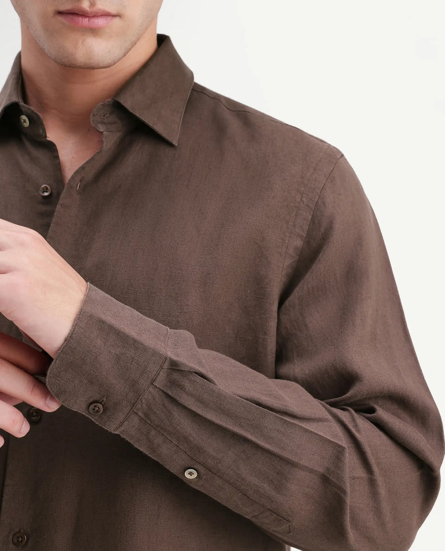 Rare Rabbit Men's Linex-Ls-Aw26 Brown Linen Blend Spread Collar Regular Fit Plain Shirt