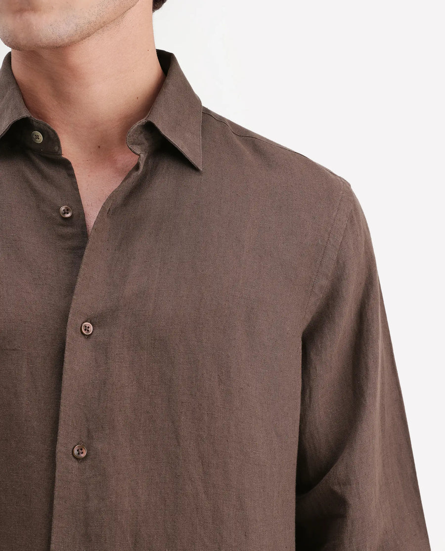 Rare Rabbit Men's Linex-Ls-Aw26 Brown Linen Blend Spread Collar Regular Fit Plain Shirt