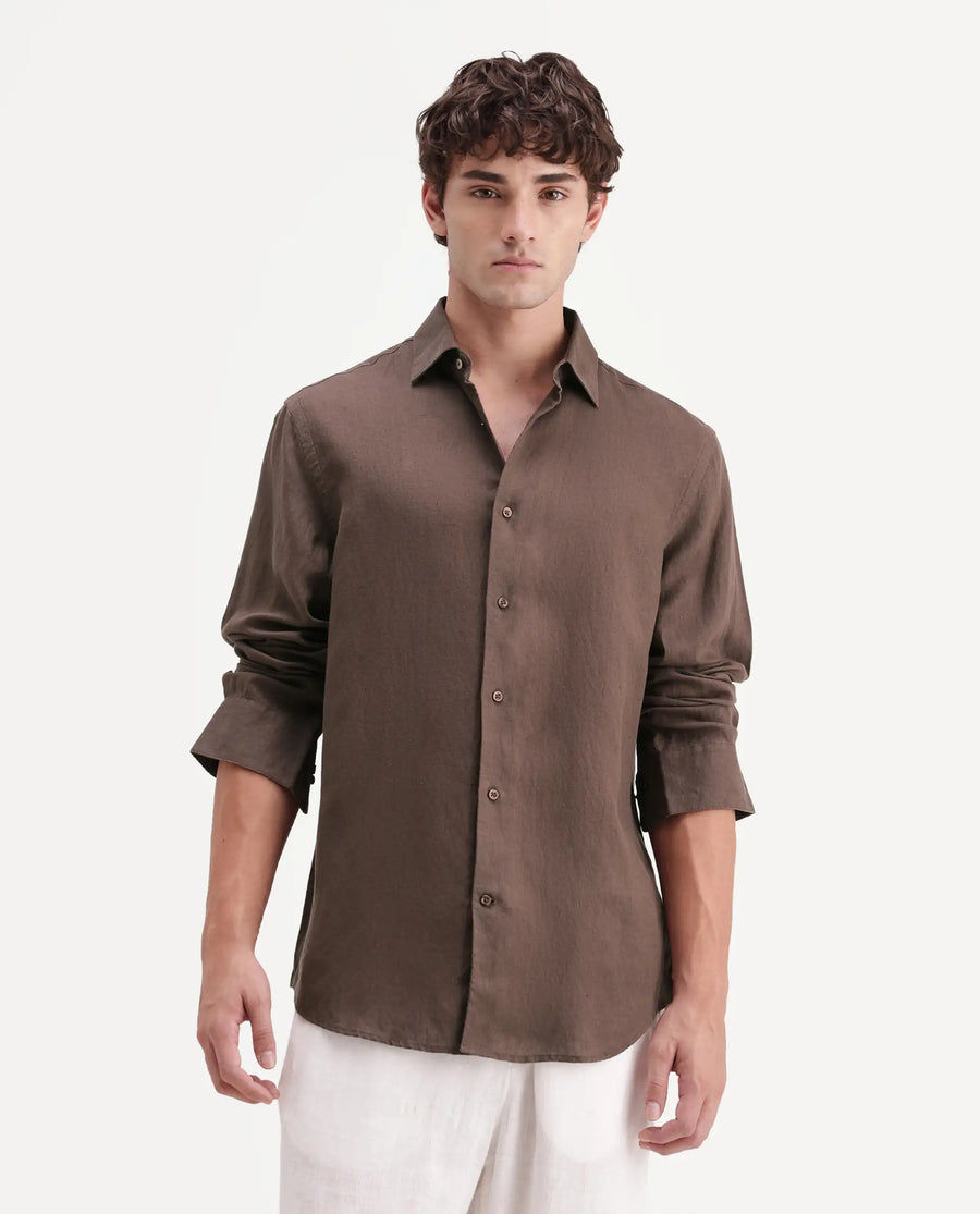 Rare Rabbit Men's Linex-Ls-Aw26 Brown Linen Blend Spread Collar Regular Fit Plain Shirt