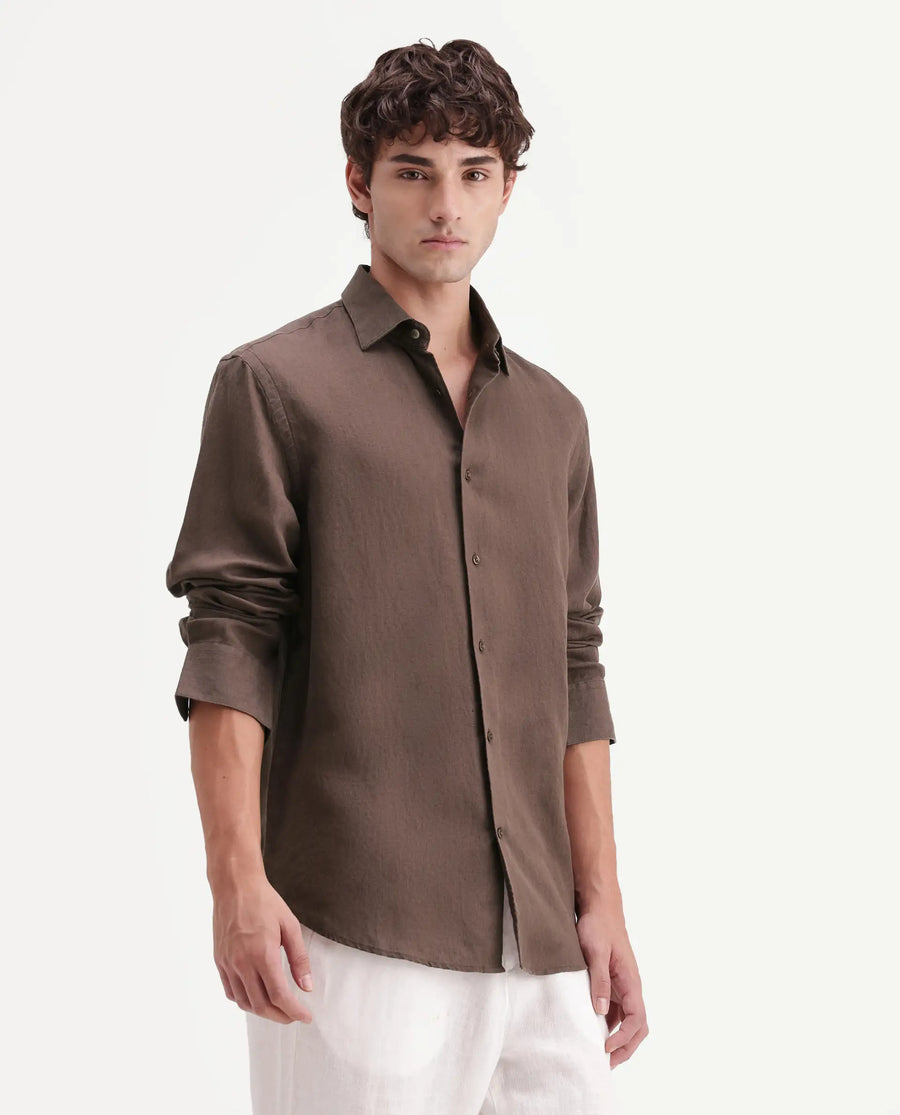 Rare Rabbit Men's Linex-Ls-Aw26 Brown Linen Blend Spread Collar Regular Fit Plain Shirt