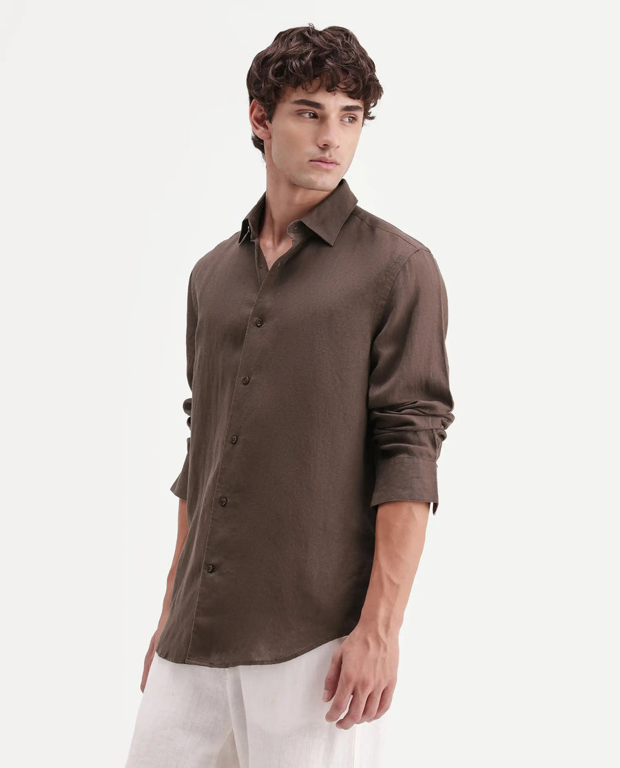 Rare Rabbit Men's Linex-Ls-Aw26 Brown Linen Blend Spread Collar Regular Fit Plain Shirt