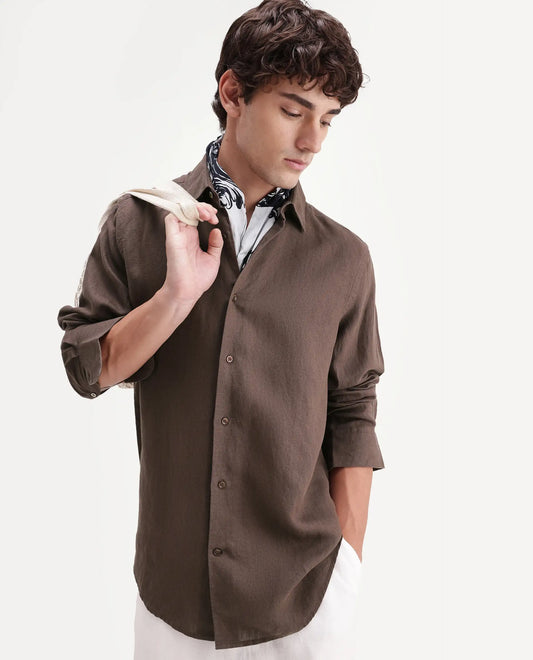 Rare Rabbit Men's Linex-Ls-Aw26 Brown Linen Blend Spread Collar Regular Fit Plain Shirt