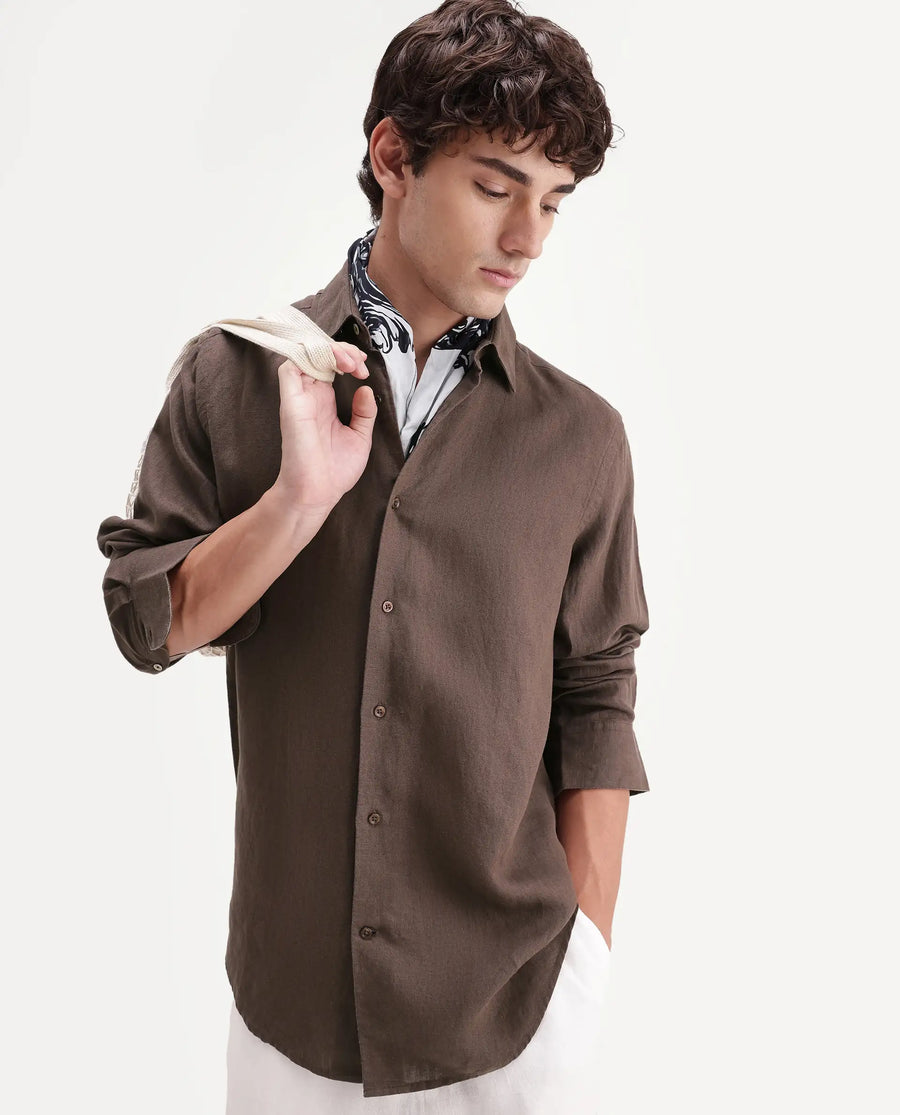 Rare Rabbit Men's Linex-Ls-Aw26 Brown Linen Blend Spread Collar Regular Fit Plain Shirt