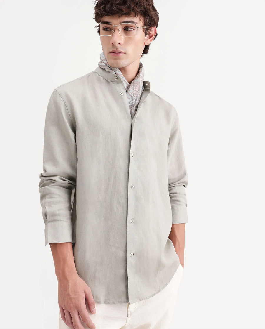 Rare Rabbit Men's Cinex-Aw26 Light Green Linen Mandarin Collar Regular Fit Plain Shirt