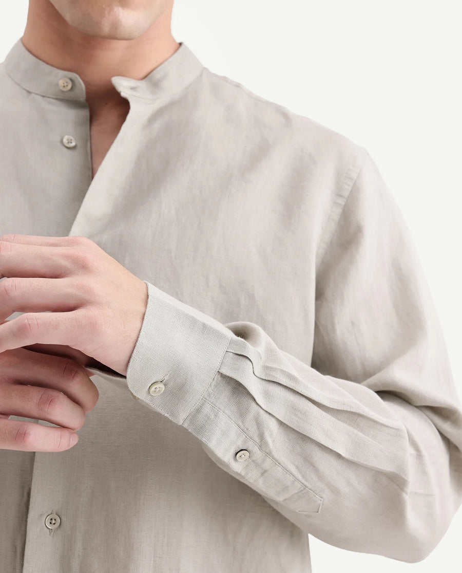 Rare Rabbit Men's Cinex-Aw26 Light Green Linen Mandarin Collar Regular Fit Plain Shirt
