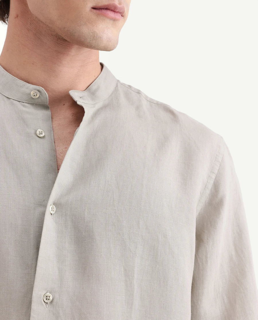 Rare Rabbit Men's Cinex-Aw26 Light Green Linen Mandarin Collar Regular Fit Plain Shirt