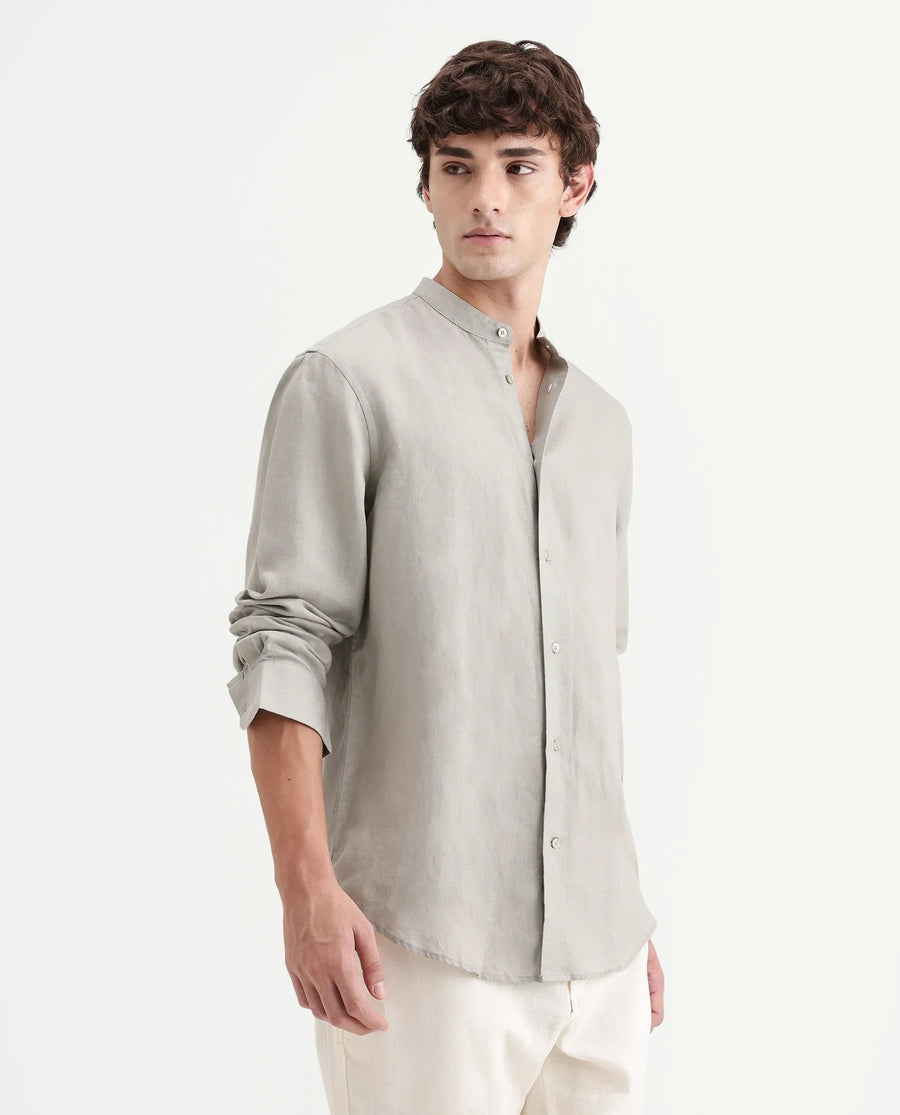 Rare Rabbit Men's Cinex-Aw26 Light Green Linen Mandarin Collar Regular Fit Plain Shirt