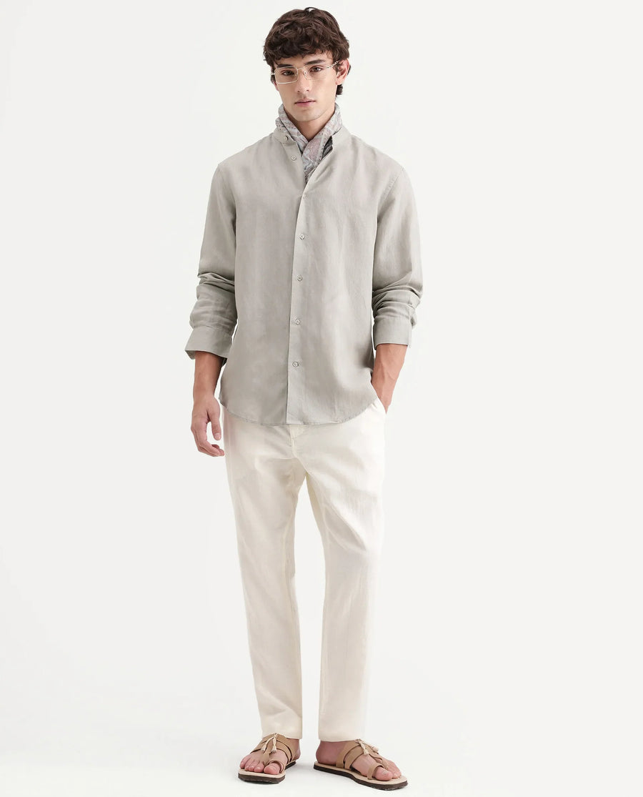 Rare Rabbit Men's Cinex-Aw26 Light Green Linen Mandarin Collar Regular Fit Plain Shirt