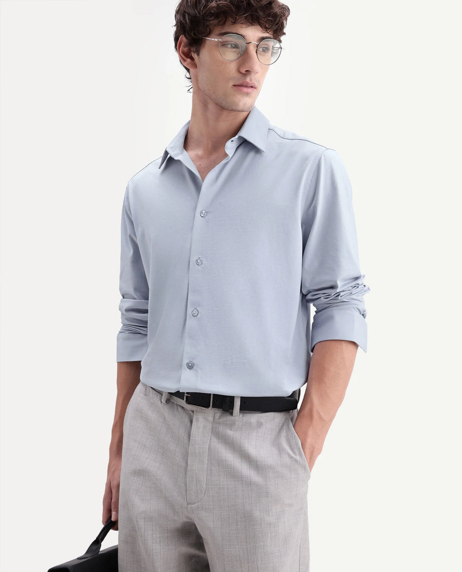 Rare Rabbit Men's Tour-Aw26 Light Blue Cotton Blend Spread Collar Regular Plain Shirt