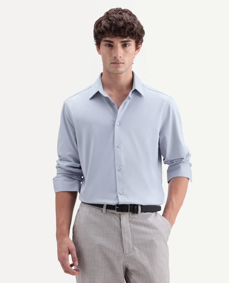 Rare Rabbit Men's Tour-Aw26 Light Blue Cotton Blend Spread Collar Regular Plain Shirt
