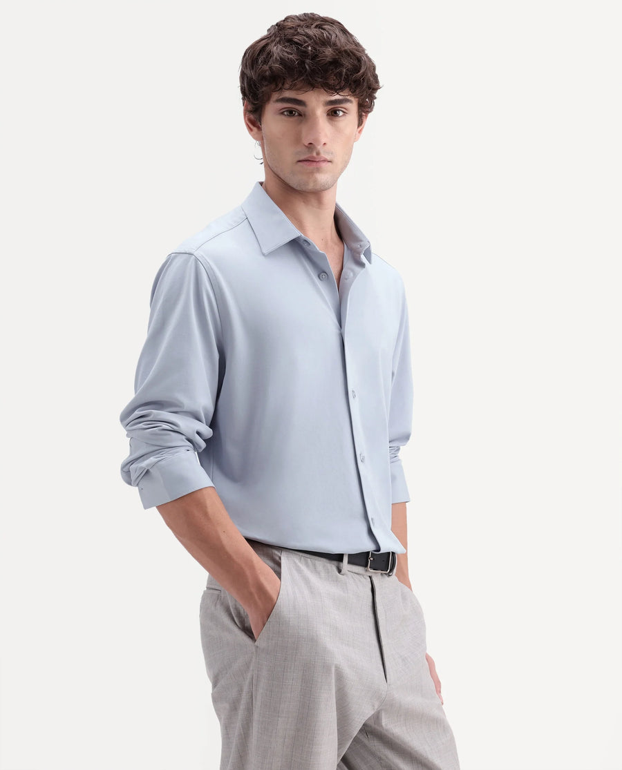 Rare Rabbit Men's Tour-Aw26 Light Blue Cotton Blend Spread Collar Regular Plain Shirt