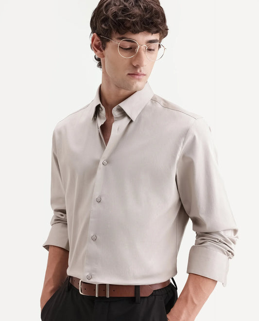 Rare Rabbit Men's Como-Aw26 Light Beige Cotton Blend Spread Collar Regular Plain Shirt