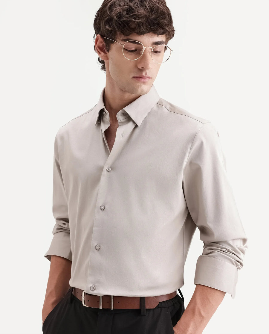 Rare Rabbit Men's Como-Aw26 Light Beige Cotton Blend Spread Collar Regular Plain Shirt