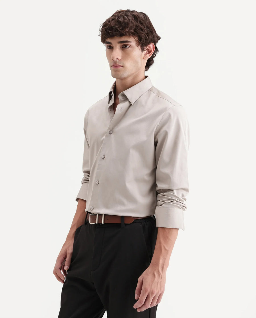 Rare Rabbit Men's Como-Aw26 Light Beige Cotton Blend Spread Collar Regular Plain Shirt