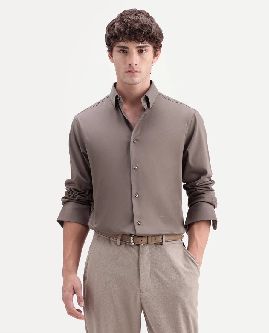 Rare Rabbit Men's Como-Aw26 Dusky Brown Cotton Blend Spread Collar Regular Plain Shirt