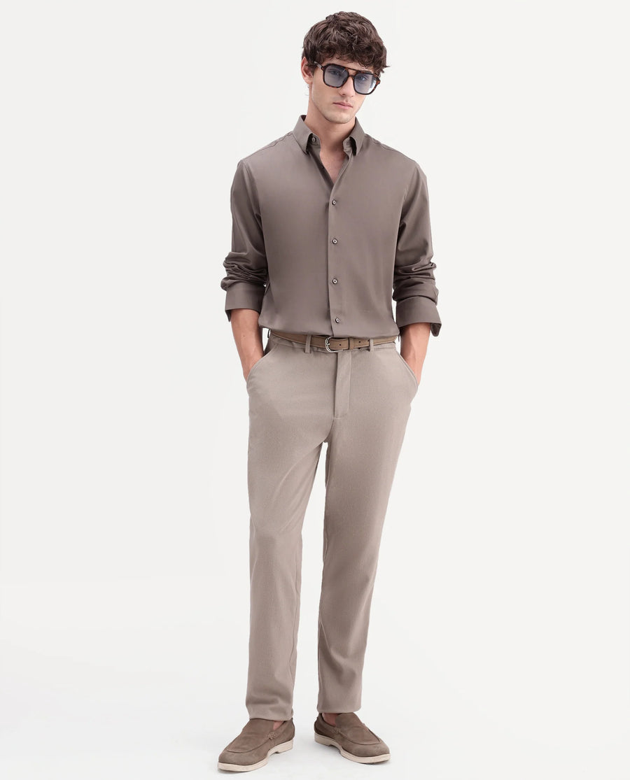 Rare Rabbit Men's Como-Aw26 Dusky Brown Cotton Blend Spread Collar Regular Plain Shirt