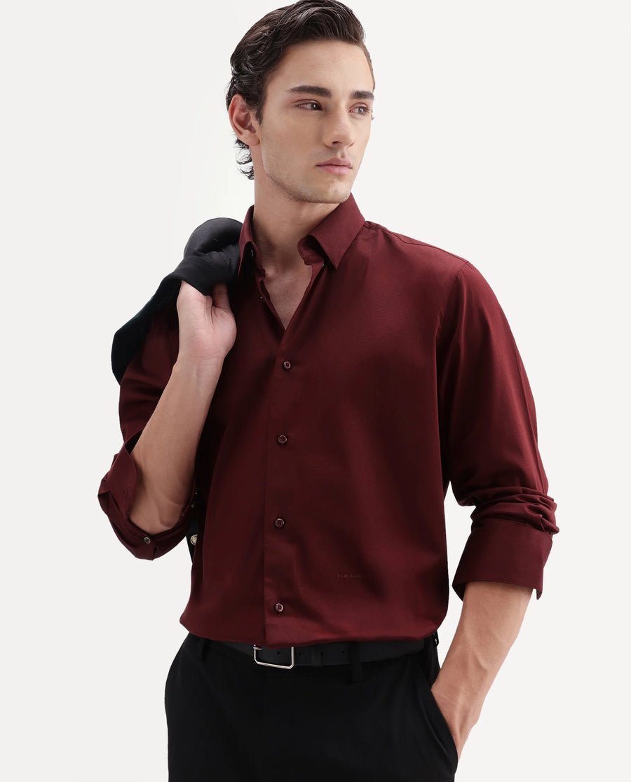 Rare Rabbit Men's Como-Aw26 Dusky Red Cotton Blend Spread Collar Regular Plain Shirt