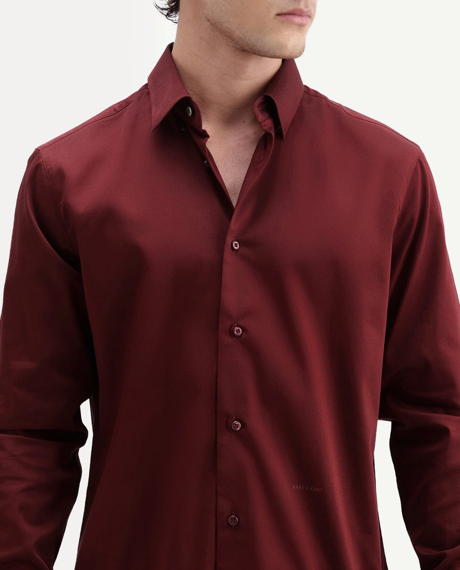 Rare Rabbit Men's Como-Aw26 Dusky Red Cotton Blend Spread Collar Regular Plain Shirt