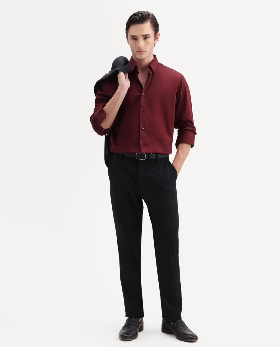 Rare Rabbit Men's Como-Aw26 Dusky Red Cotton Blend Spread Collar Regular Plain Shirt