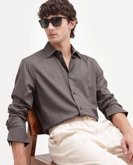 Rare Rabbit Men's Gunjo-Aw26 Brown Polyester Blend Spread Collar Regular Plain Shirt