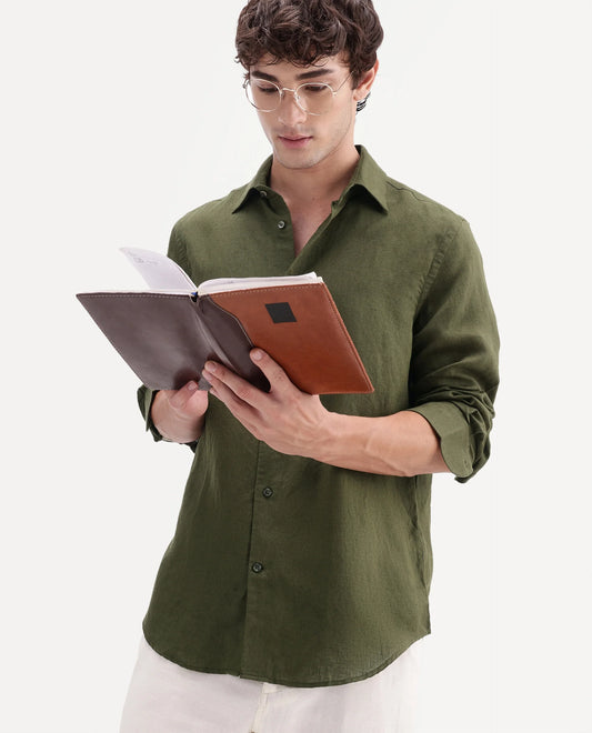 Rare Rabbit Men's Linex-Ls-Aw26 Dark Green Linen Blend Spread Collar Regular Fit Plain Shirt