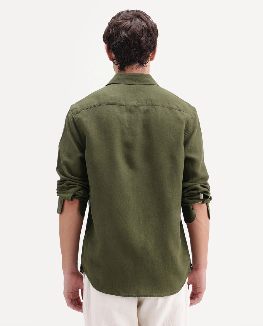 Rare Rabbit Men's Linex-Ls-Aw26 Dark Green Linen Blend Spread Collar Regular Fit Plain Shirt