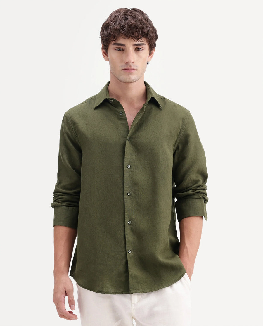 Rare Rabbit Men's Linex-Ls-Aw26 Dark Green Linen Blend Spread Collar Regular Fit Plain Shirt