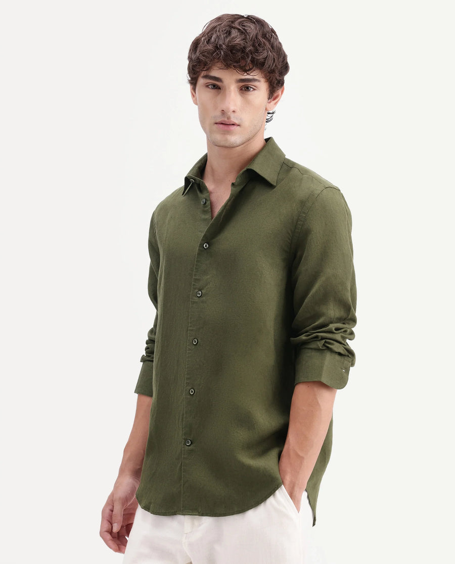Rare Rabbit Men's Linex-Ls-Aw26 Dark Green Linen Blend Spread Collar Regular Fit Plain Shirt