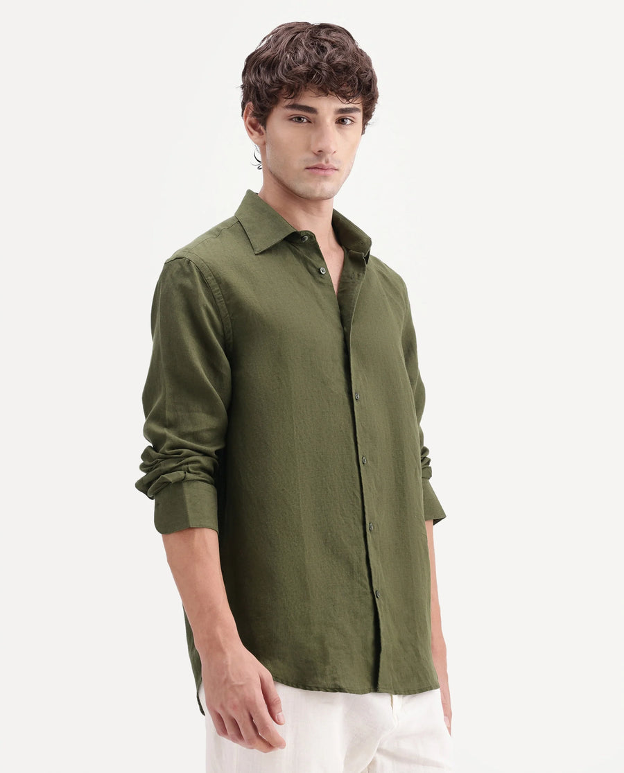 Rare Rabbit Men's Linex-Ls-Aw26 Dark Green Linen Blend Spread Collar Regular Fit Plain Shirt