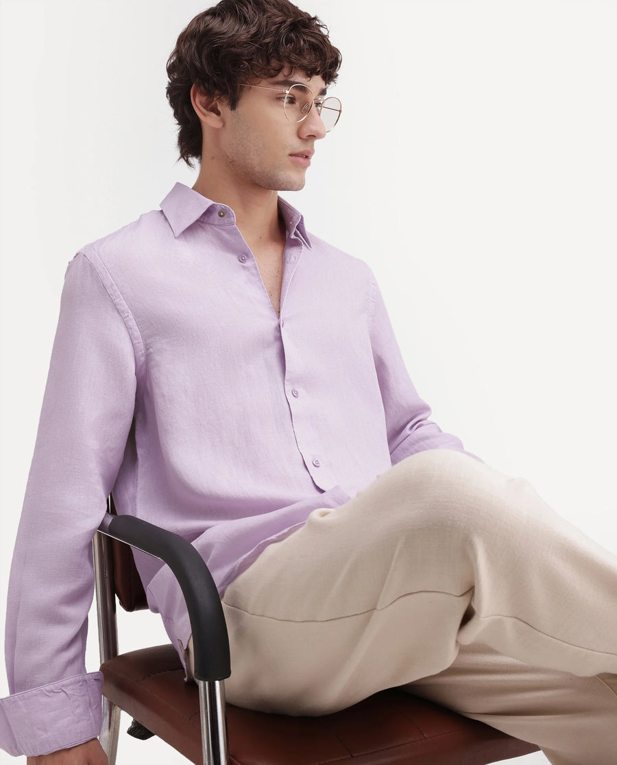 Rare Rabbit Men's Linex-Ls-Aw26 Dusky Purple Linen Blend Spread Collar Regular Fit Plain Shirt