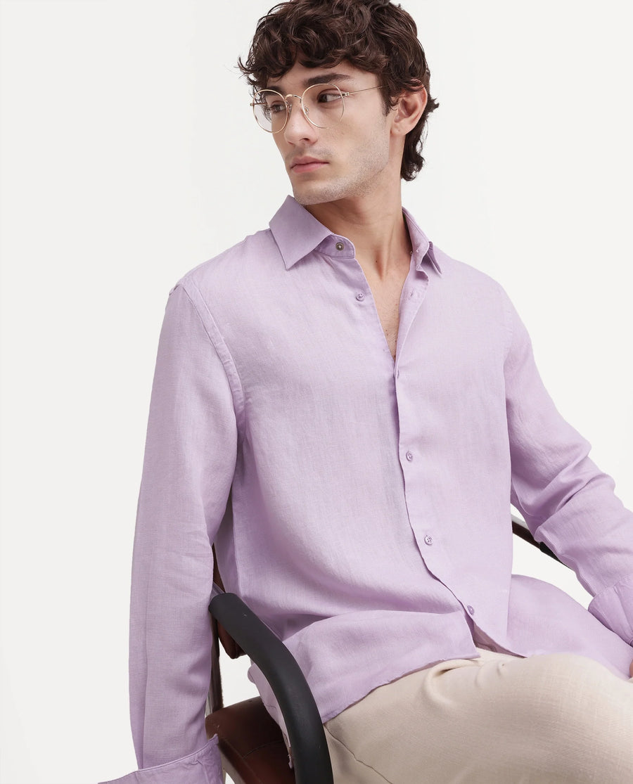 Rare Rabbit Men's Linex-Ls-Aw26 Dusky Purple Linen Blend Spread Collar Regular Fit Plain Shirt