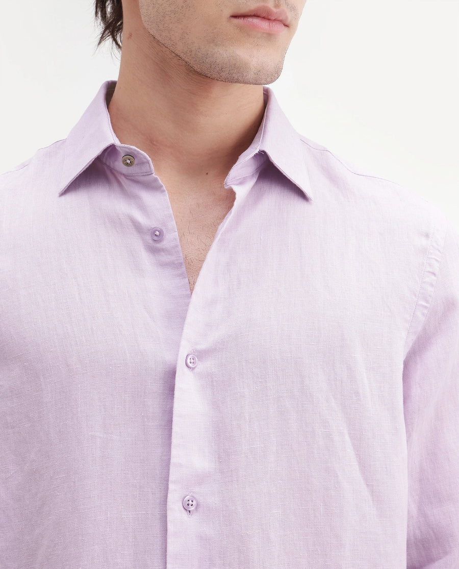 Rare Rabbit Men's Linex-Ls-Aw26 Dusky Purple Linen Blend Spread Collar Regular Fit Plain Shirt