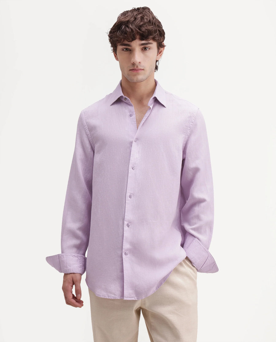 Rare Rabbit Men's Linex-Ls-Aw26 Dusky Purple Linen Blend Spread Collar Regular Fit Plain Shirt
