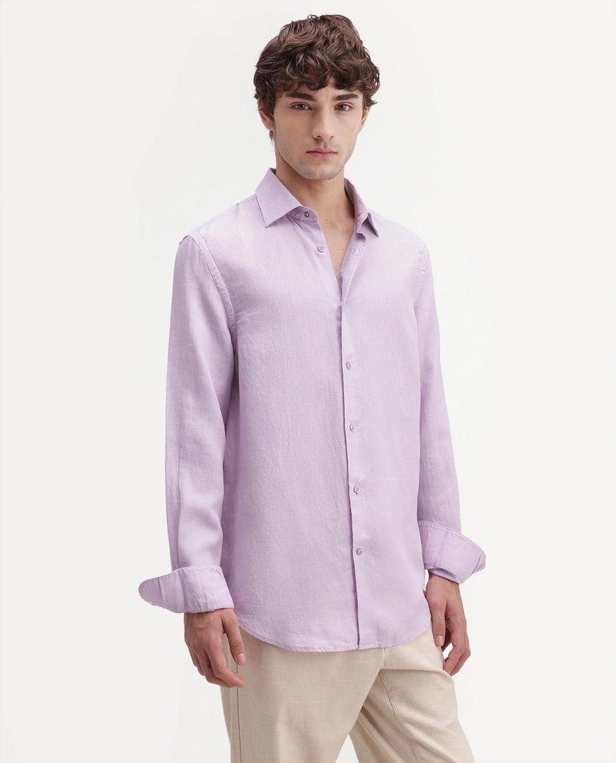 Rare Rabbit Men's Linex-Ls-Aw26 Dusky Purple Linen Blend Spread Collar Regular Fit Plain Shirt