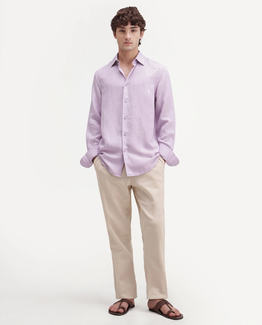Rare Rabbit Men's Linex-Ls-Aw26 Dusky Purple Linen Blend Spread Collar Regular Fit Plain Shirt