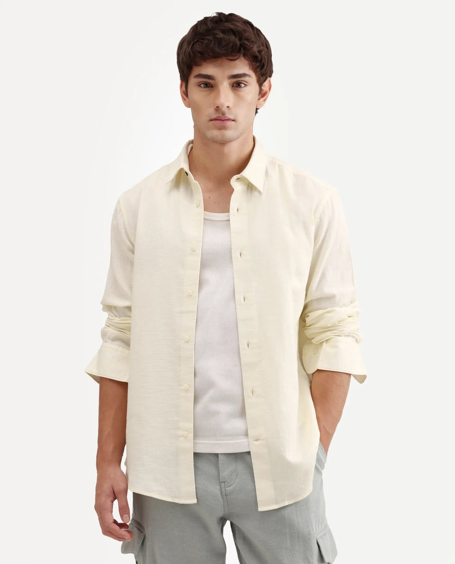 Rare Rabbit Men's Layer-Ls-Aw26 Off White Cotton Spread Collar Regular Plain Shirt