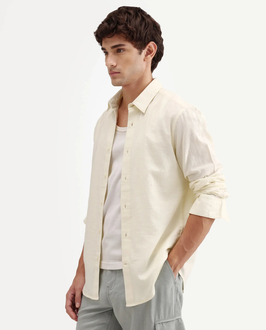 Rare Rabbit Men's Layer-Ls-Aw26 Off White Cotton Spread Collar Regular Plain Shirt