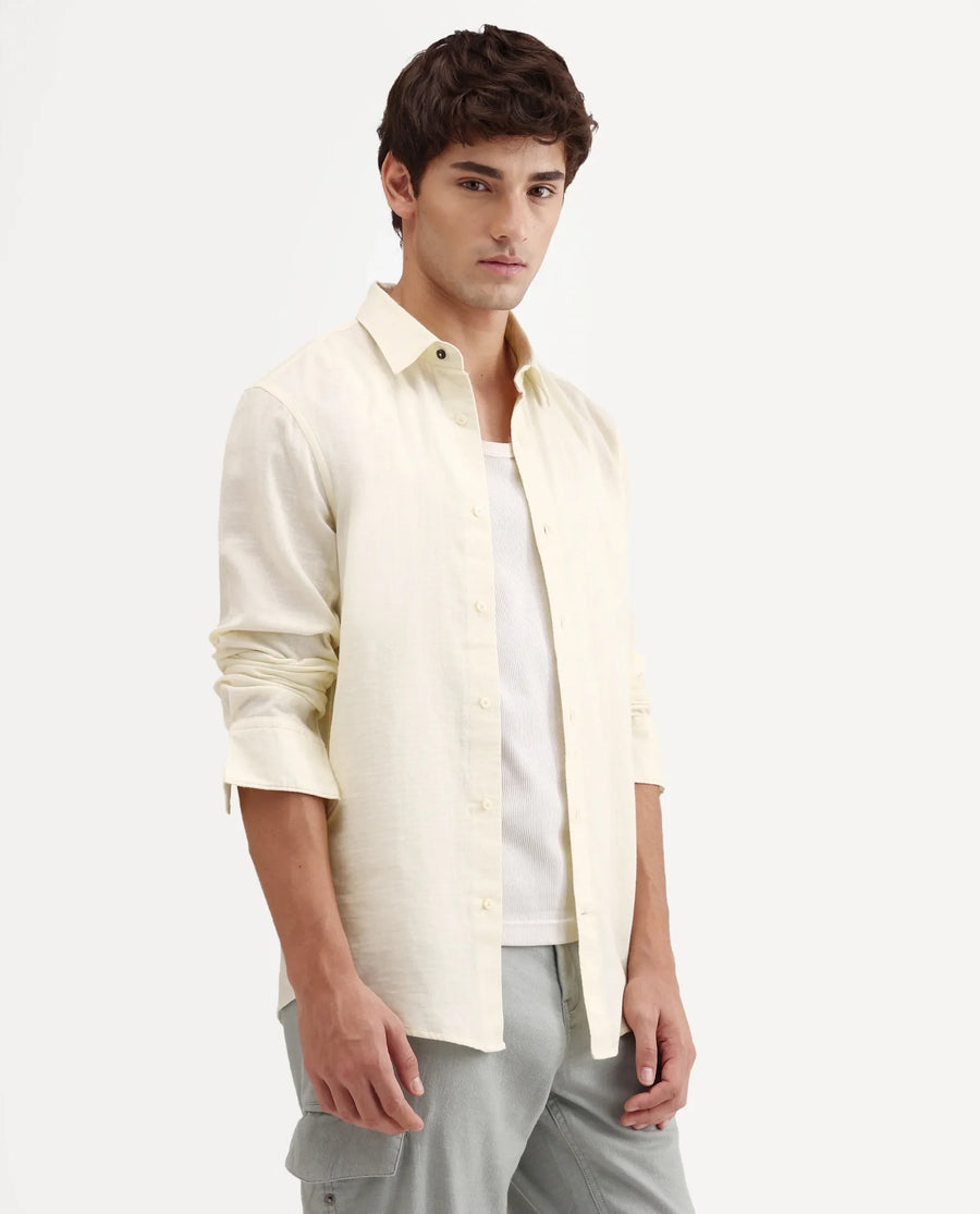Rare Rabbit Men's Layer-Ls-Aw26 Off White Cotton Spread Collar Regular Plain Shirt